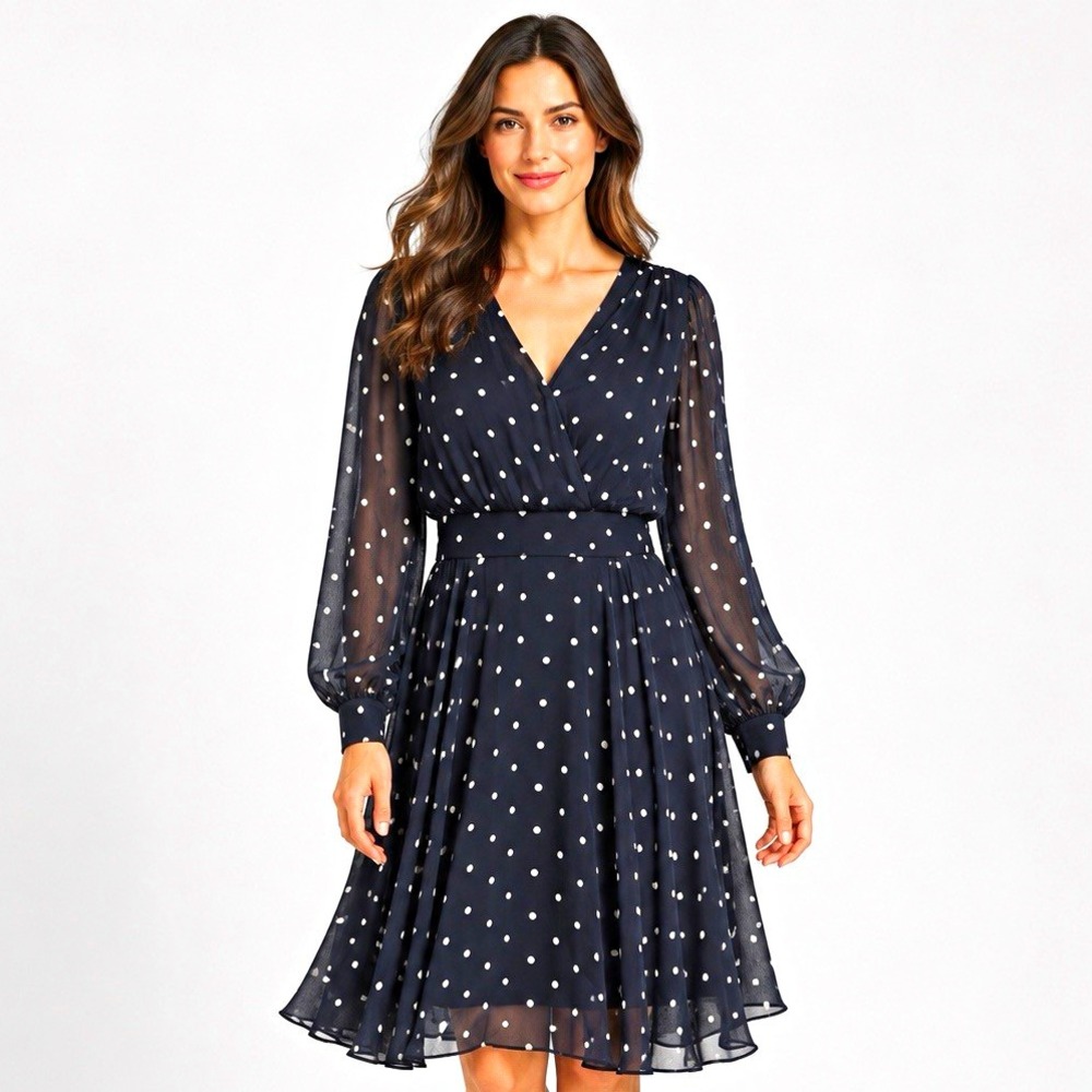 Tommy Hilfiger Size 10 Polka Dot Chiffon Fit & Flare - Long Sheer Sleeves Dress